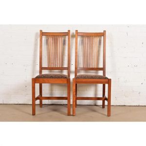 Stickley Mission Arts & Crafts Cherry Wood Spindle Back Side Chairs or Dining Chairs, Pair