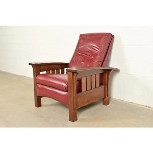 Stickley Mission Oak Arts & Crafts Bow Arm Reclining Lounge Chair, Newly Refinished