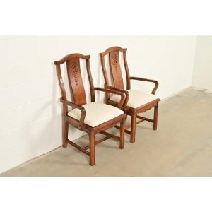 Thomasville Mid-Century Hollywood Regency Chinoiserie Carved Walnut Armchairs, Pair