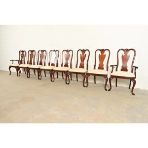 Thomasville Queen Anne Carved Solid Mahogany Dining Chairs, Set of Eight