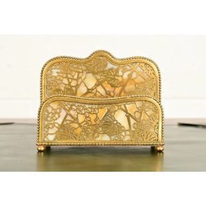 Tiffany Studios New York Grapevine Pattern Bronze Doré and Favrile Slag Glass Letter Rack