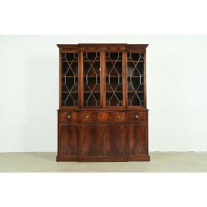 Baker Furniture Style Georgian Flame Mahogany Breakfront Bookcase Cabinet With Drop Front Secretary Desk