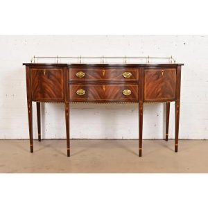 Henkel Harris Federal Inlaid Flame Mahogany Serpentine Front Sideboard Credenza With Brass Gallery