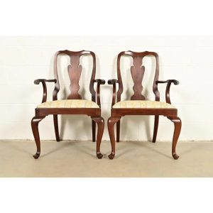 Henkel Harris Queen Anne Solid Mahogany Armchairs, Pair