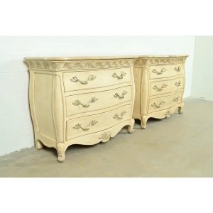 Henredon French Rococo Louis XV Carved Oak and Silver Gilt Marble Top Commodes or Chests of Drawers, Pair