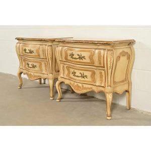 John Widdicomb Italian Rococo Louis XV Cream Lacquered and Gold Gilt Bedside Chests, Pair