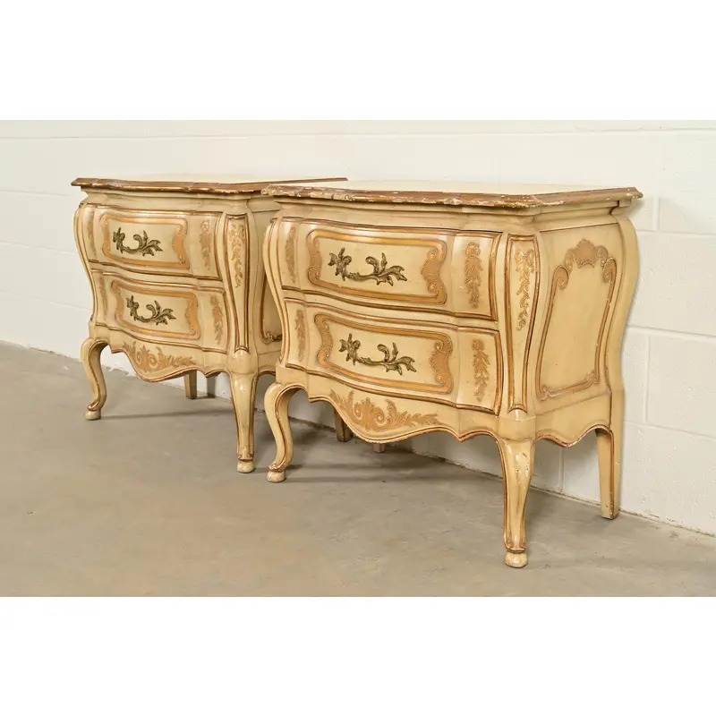 John Widdicomb Italian Rococo Louis XV Cream Lacquered and Gold Gilt Bedside Chests, Pair