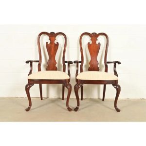 Thomasville Queen Anne Carved Solid Mahogany Armchairs, Pair