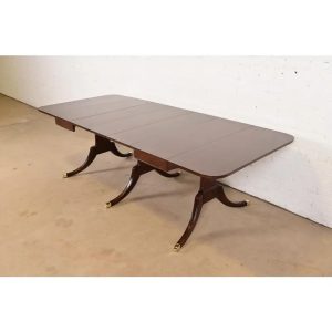 Drexel Regency Carved Mahogany Drop-Leaf Triple Pedestal Extension Dining Table, Newly Refinished