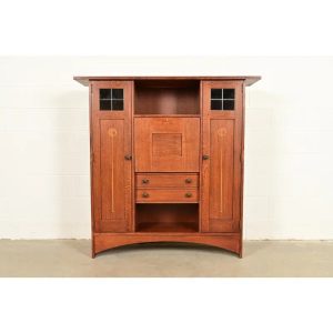 Stickley Harvey Ellis Collection Arts & Crafts Inlaid Oak and Leaded Glass Bookcase With Drop Front Secretary Desk