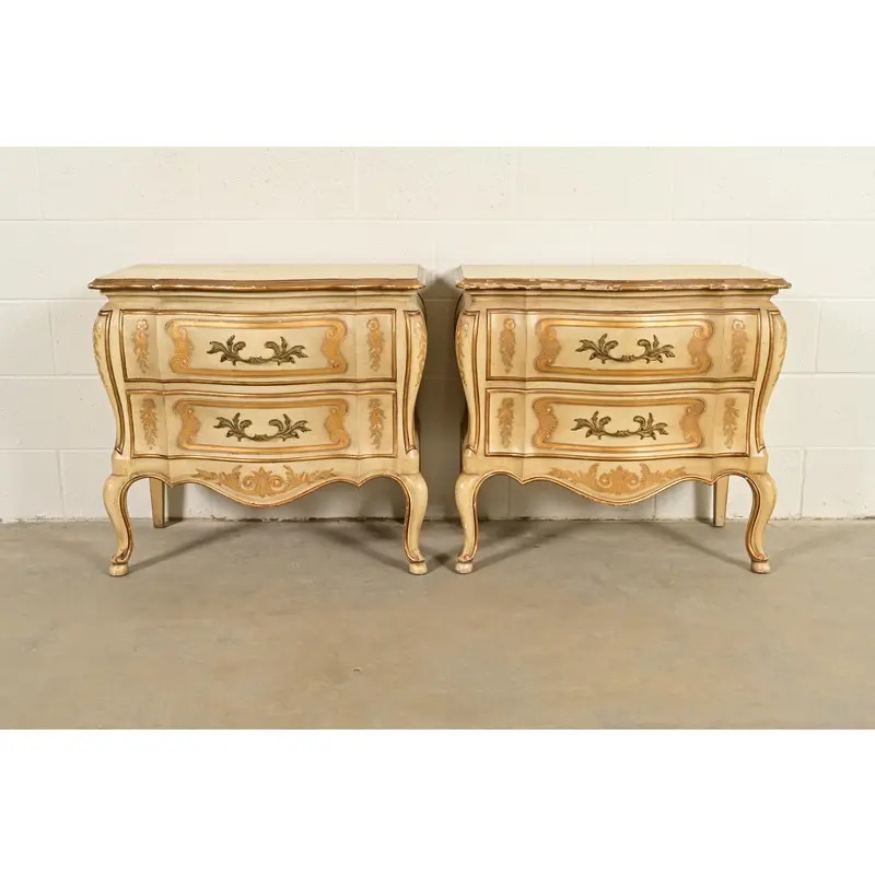 John Widdicomb Italian Rococo Louis XV Cream Lacquered and Gold Gilt Bedside Chests, Pair - Image 2