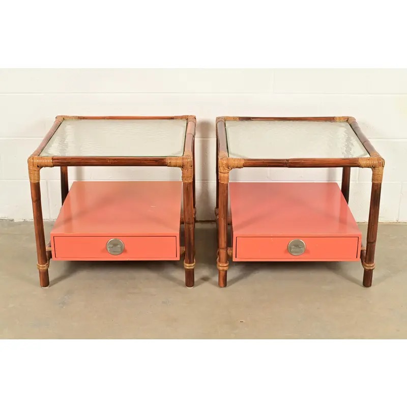 John Wisner for Ficks Reed Mid-Century Hollywood Regency Bamboo Rattan Glass Top Side Tables, Pair - Image 2