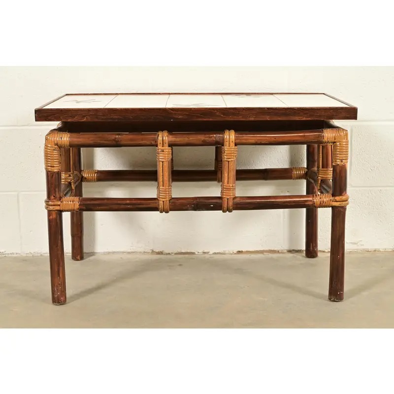 John Wisner for Ficks Reed Mid-Century Hollywood Regency Bamboo Rattan Tile Top Side Table, 1950s - Image 2