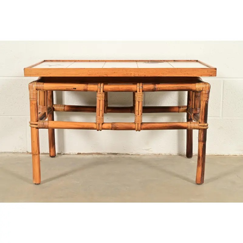 John Wisner for Ficks Reed Mid-Century Hollywood Regency Bamboo Rattan Tile Top Side Table, 1950s - Image 2