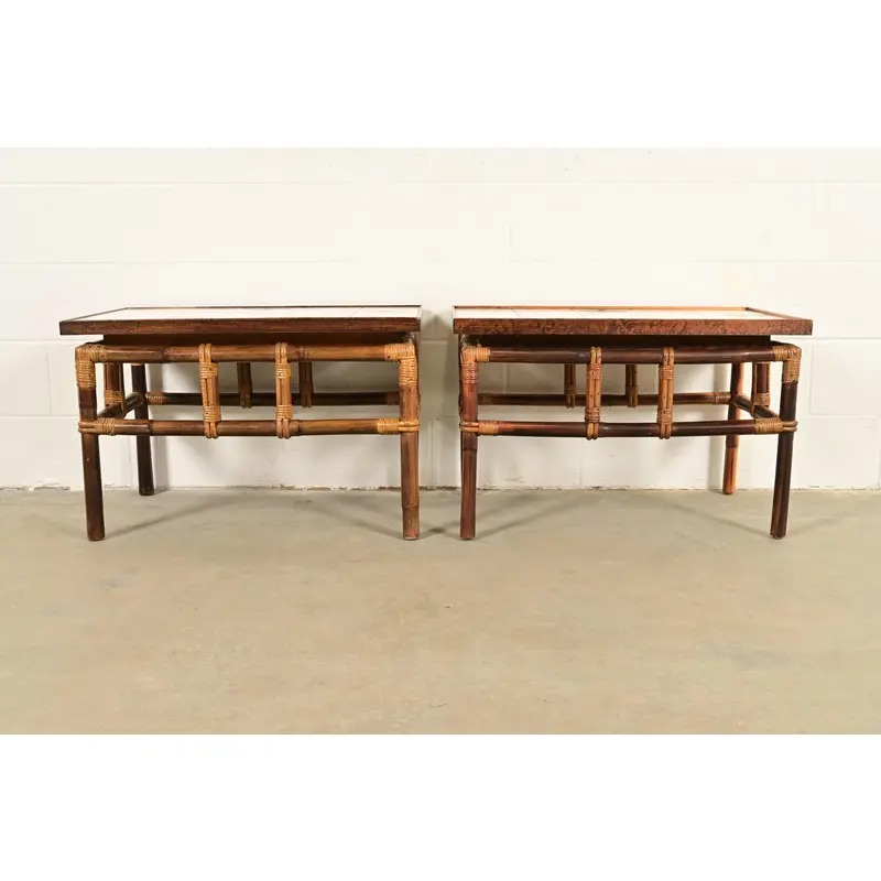 John Wisner for Ficks Reed Mid-Century Hollywood Regency Bamboo Rattan Tile Top Side Tables, 1950s - Image 2