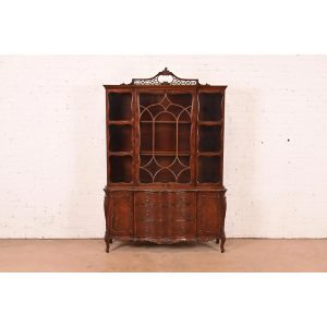 Romweber Antique French Provincial Louis XV Carved Mahogany Breakfront Bookcase Cabinet, Circa 1920s
