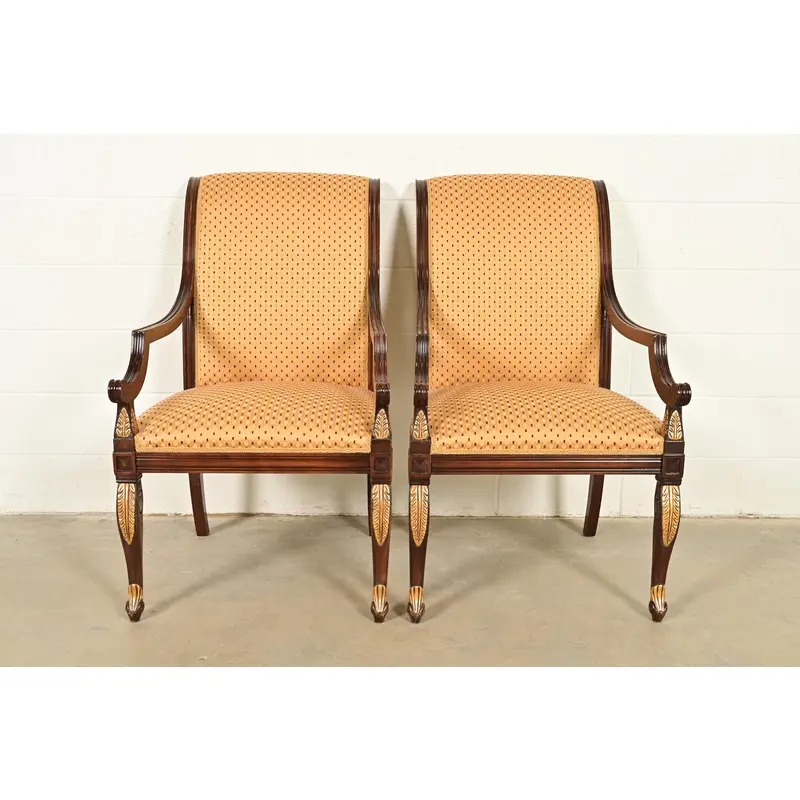 Baker Furniture Style Regency Carved Mahogany and Gold Gilt Armchairs, Pair - Image 3