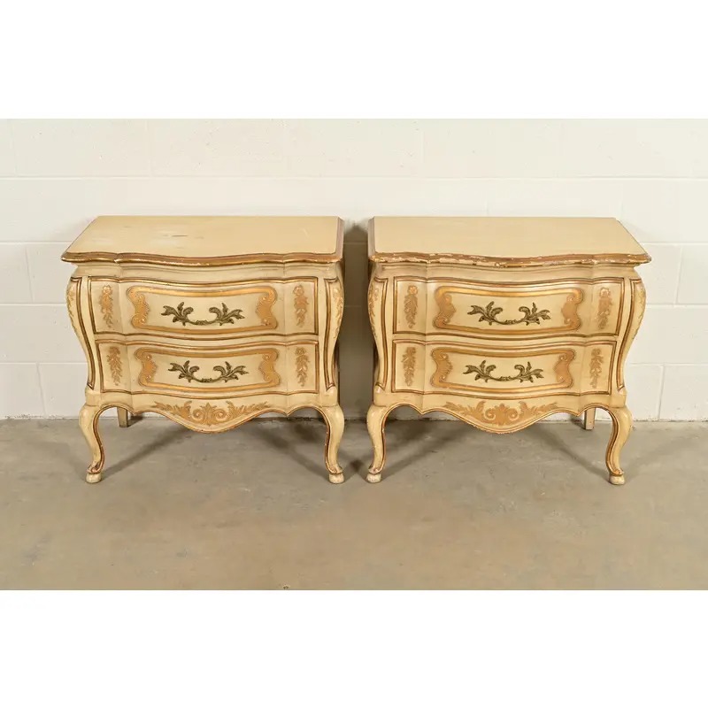 John Widdicomb Italian Rococo Louis XV Cream Lacquered and Gold Gilt Bedside Chests, Pair - Image 3