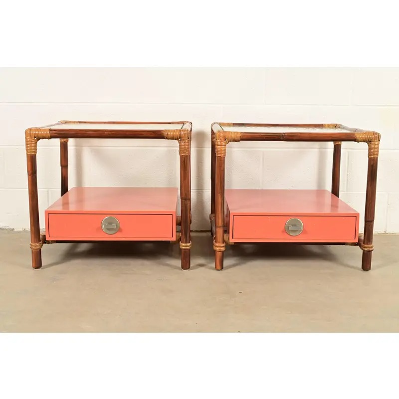 John Wisner for Ficks Reed Mid-Century Hollywood Regency Bamboo Rattan Glass Top Side Tables, Pair - Image 3