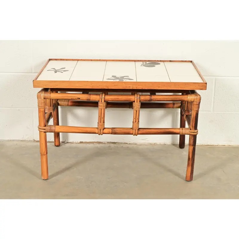 John Wisner for Ficks Reed Mid-Century Hollywood Regency Bamboo Rattan Tile Top Side Table, 1950s - Image 3