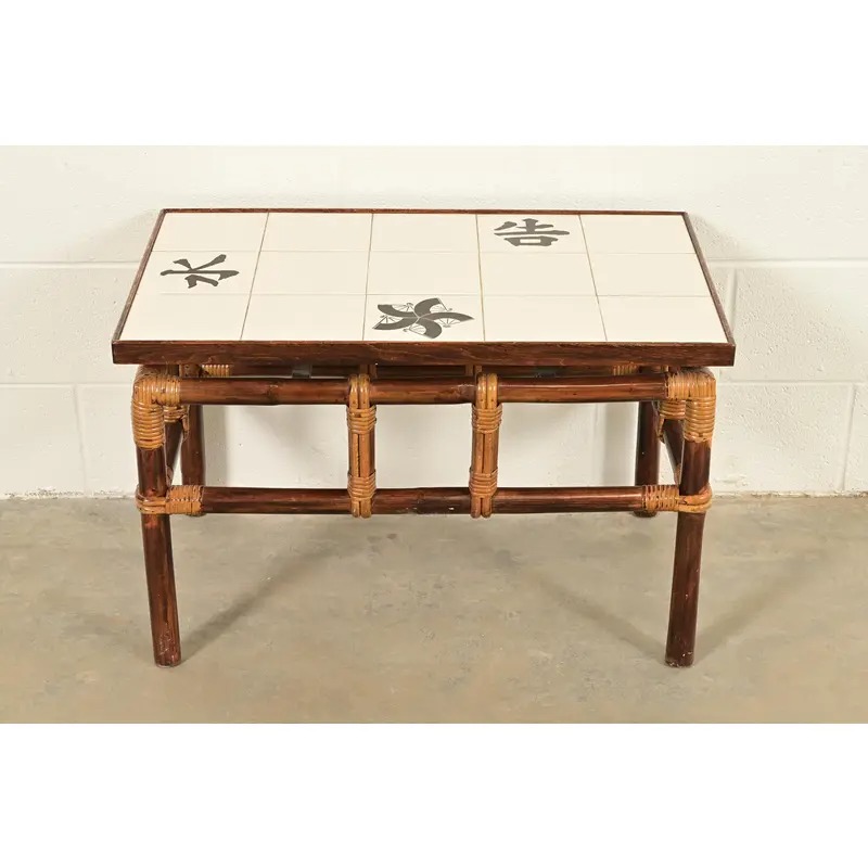 John Wisner for Ficks Reed Mid-Century Hollywood Regency Bamboo Rattan Tile Top Side Table, 1950s - Image 3