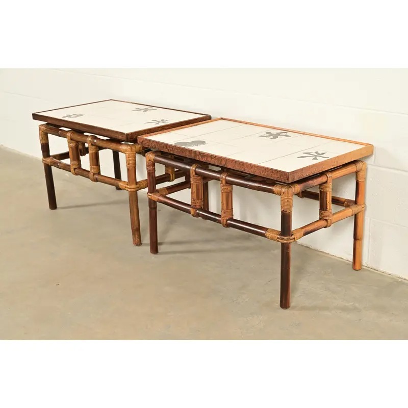 John Wisner for Ficks Reed Mid-Century Hollywood Regency Bamboo Rattan Tile Top Side Tables, 1950s - Image 3