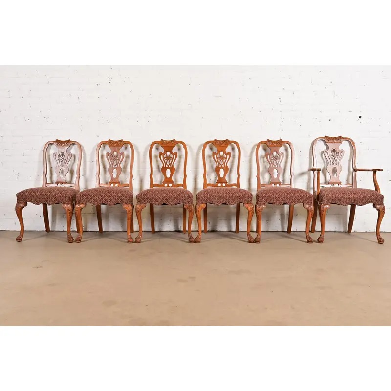 Romweber Antique Georgian Carved Walnut Dining Chairs, Set of Six - Image 3