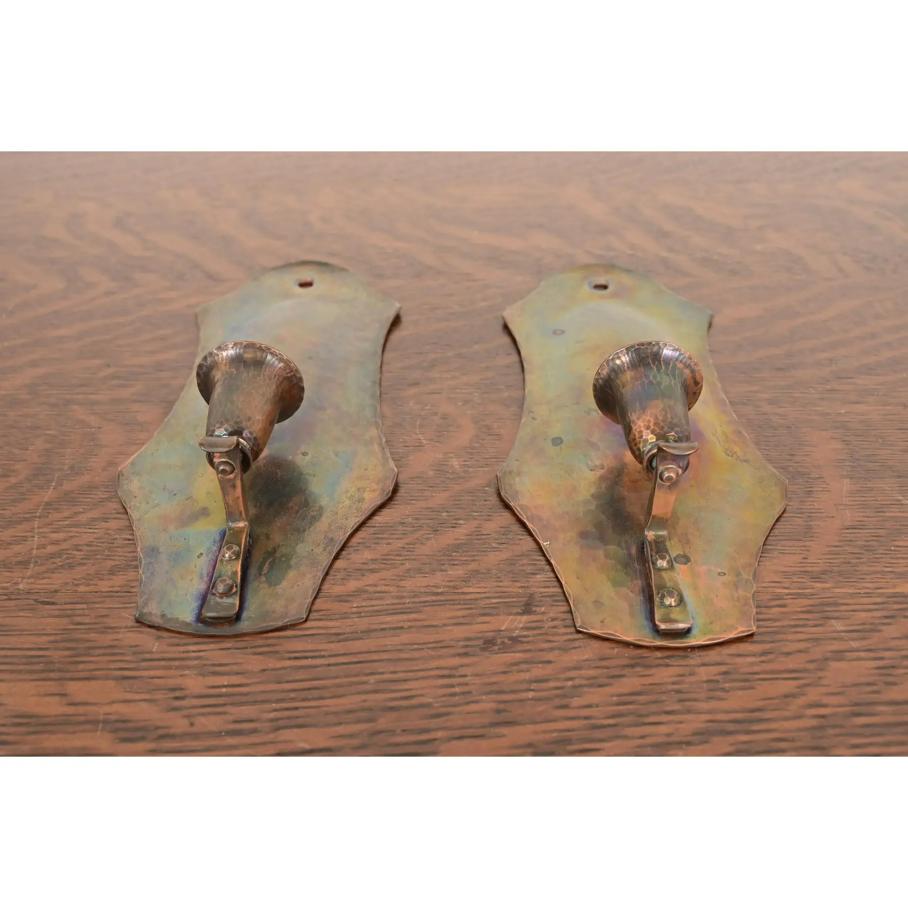 Arthur Cole for Avon Coppersmith Arts & Crafts Hammered Copper Candle Wall Sconces, Pair - Image 2