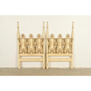 Romweber Hollywood Regency French Rococo Cream Lacquered and Parcel Gilt Twin Size Headboards, Pair