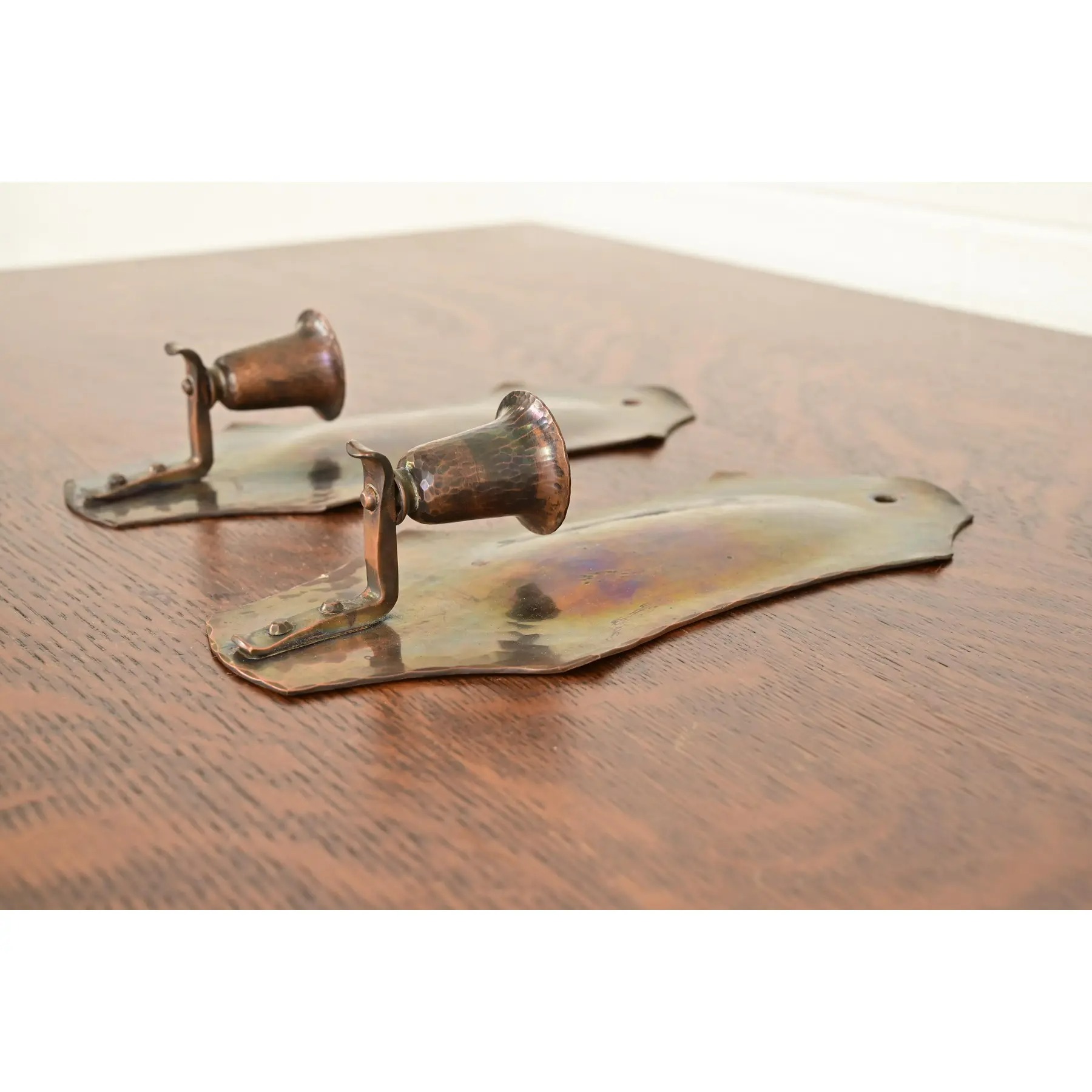 Arthur Cole for Avon Coppersmith Arts & Crafts Hammered Copper Candle Wall Sconces, Pair - Image 4