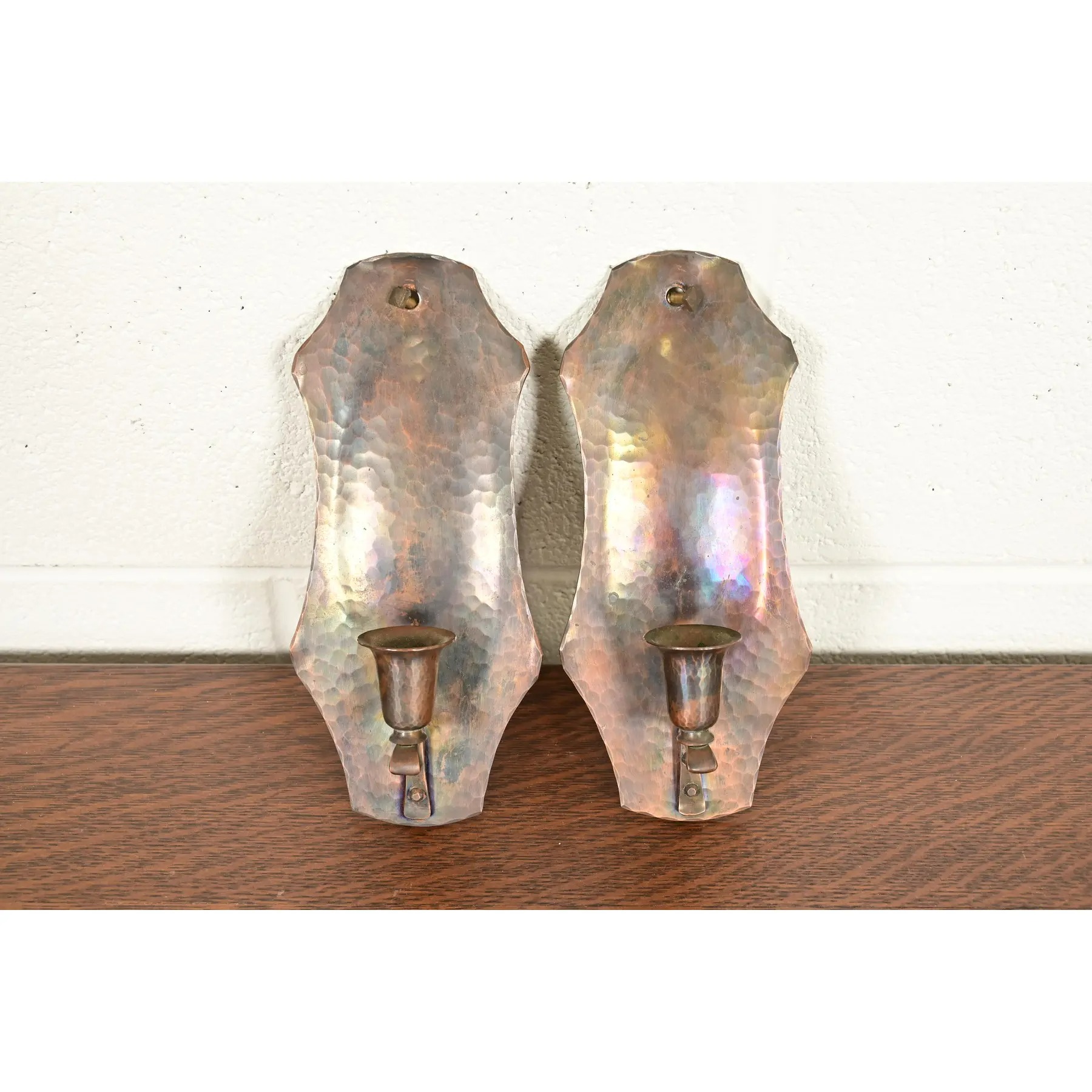 Arthur Cole for Avon Coppersmith Arts & Crafts Hammered Copper Candle Wall Sconces, Pair - Image 7