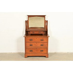 Liberty & Co. Antique English Mission Oak Arts & Crafts Vanity Dresser With Mirror, Circa 1900