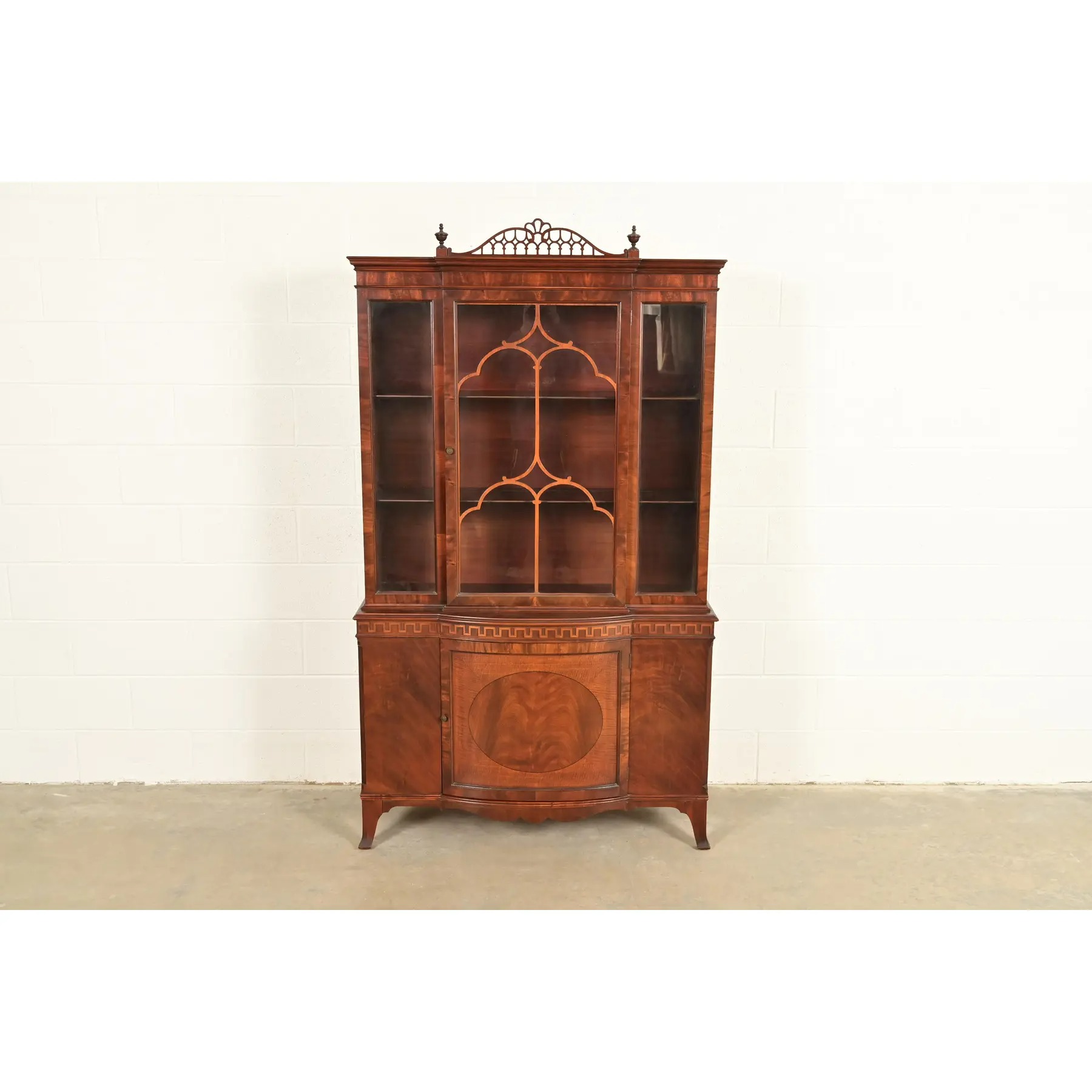 Romweber Antique Georgian Flame Mahogany Breakfront Bookcase Cabinet, Circa 1920s