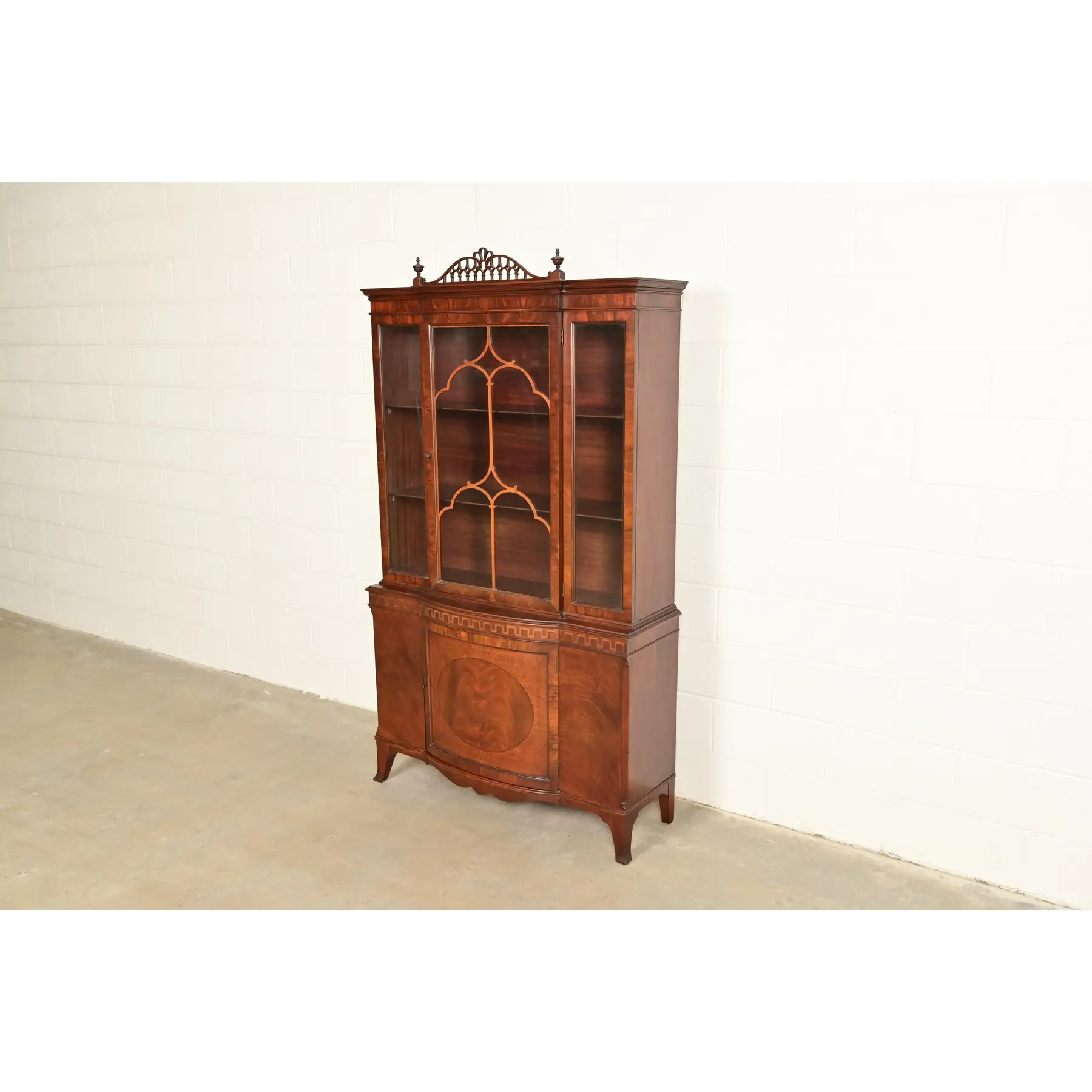 Romweber Antique Georgian Flame Mahogany Breakfront Bookcase Cabinet, Circa 1920s - Image 3