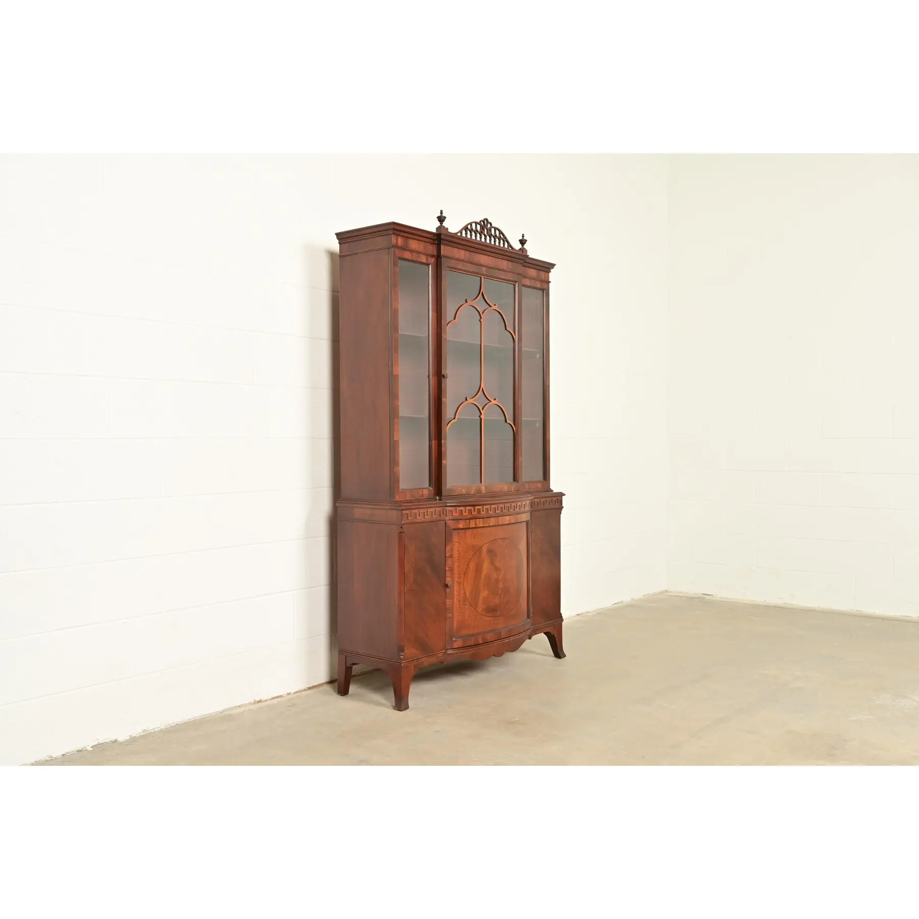 Romweber Antique Georgian Flame Mahogany Breakfront Bookcase Cabinet, Circa 1920s - Image 4