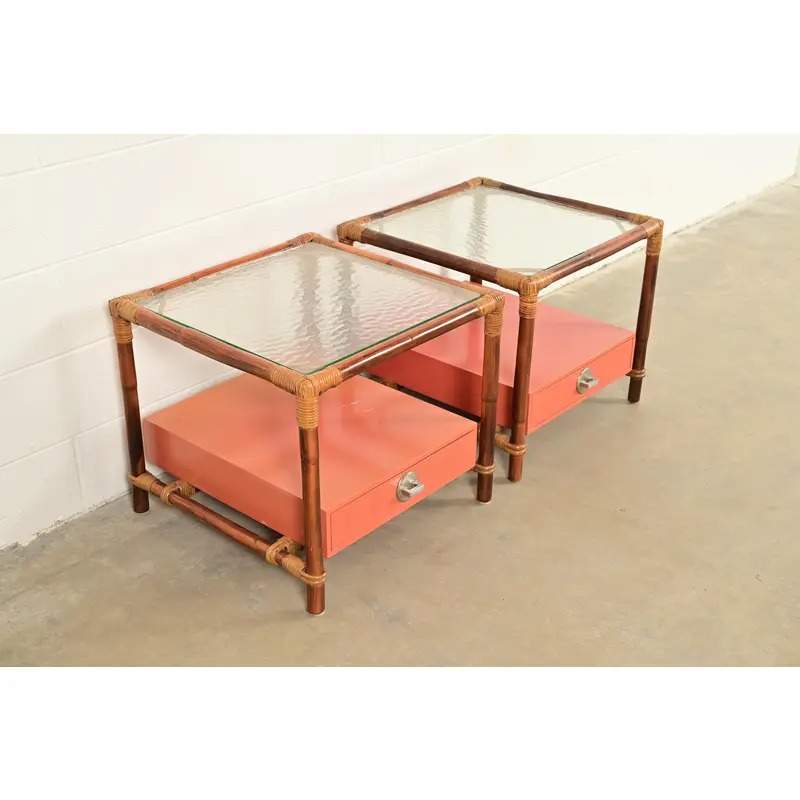 John Wisner for Ficks Reed Mid-Century Hollywood Regency Bamboo Rattan Glass Top Side Tables, Pair - Image 4