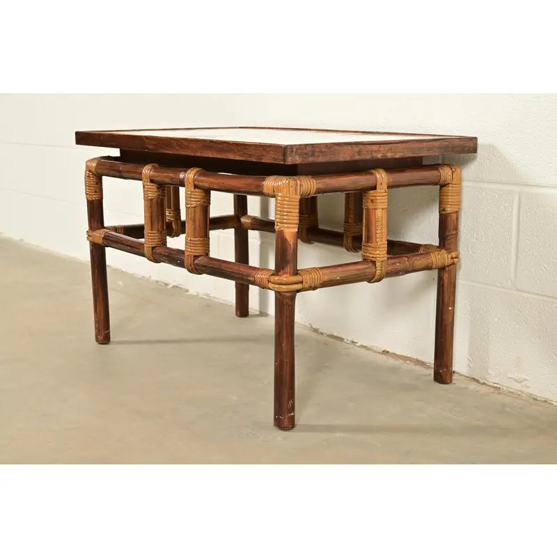 John Wisner for Ficks Reed Mid-Century Hollywood Regency Bamboo Rattan Tile Top Side Table, 1950s - Image 4