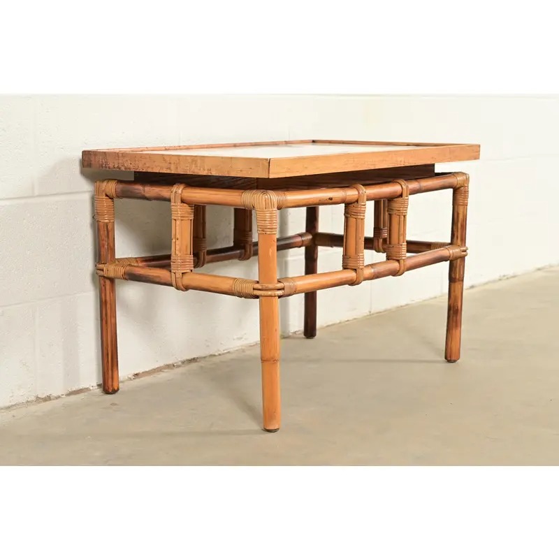 John Wisner for Ficks Reed Mid-Century Hollywood Regency Bamboo Rattan Tile Top Side Table, 1950s - Image 4