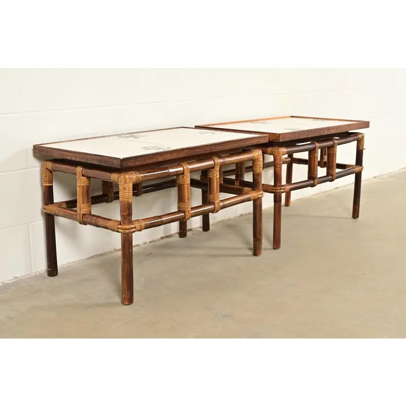John Wisner for Ficks Reed Mid-Century Hollywood Regency Bamboo Rattan Tile Top Side Tables, 1950s - Image 4