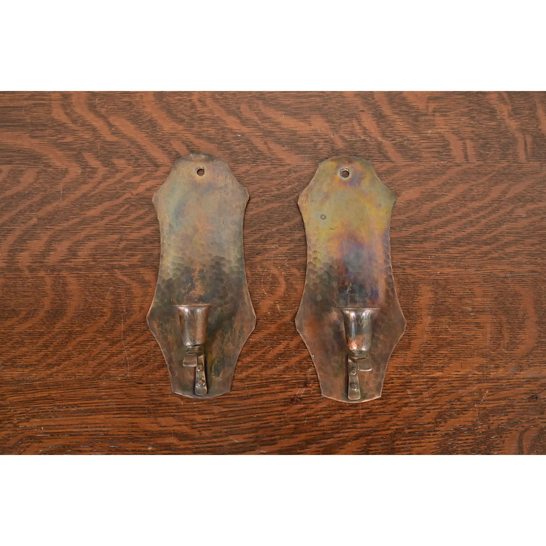 Arthur Cole for Avon Coppersmith Arts & Crafts Hammered Copper Candle Wall Sconces, Pair