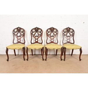Romweber Antique French Provincial Louis XV Carved Walnut Dining Chairs, Set of Four