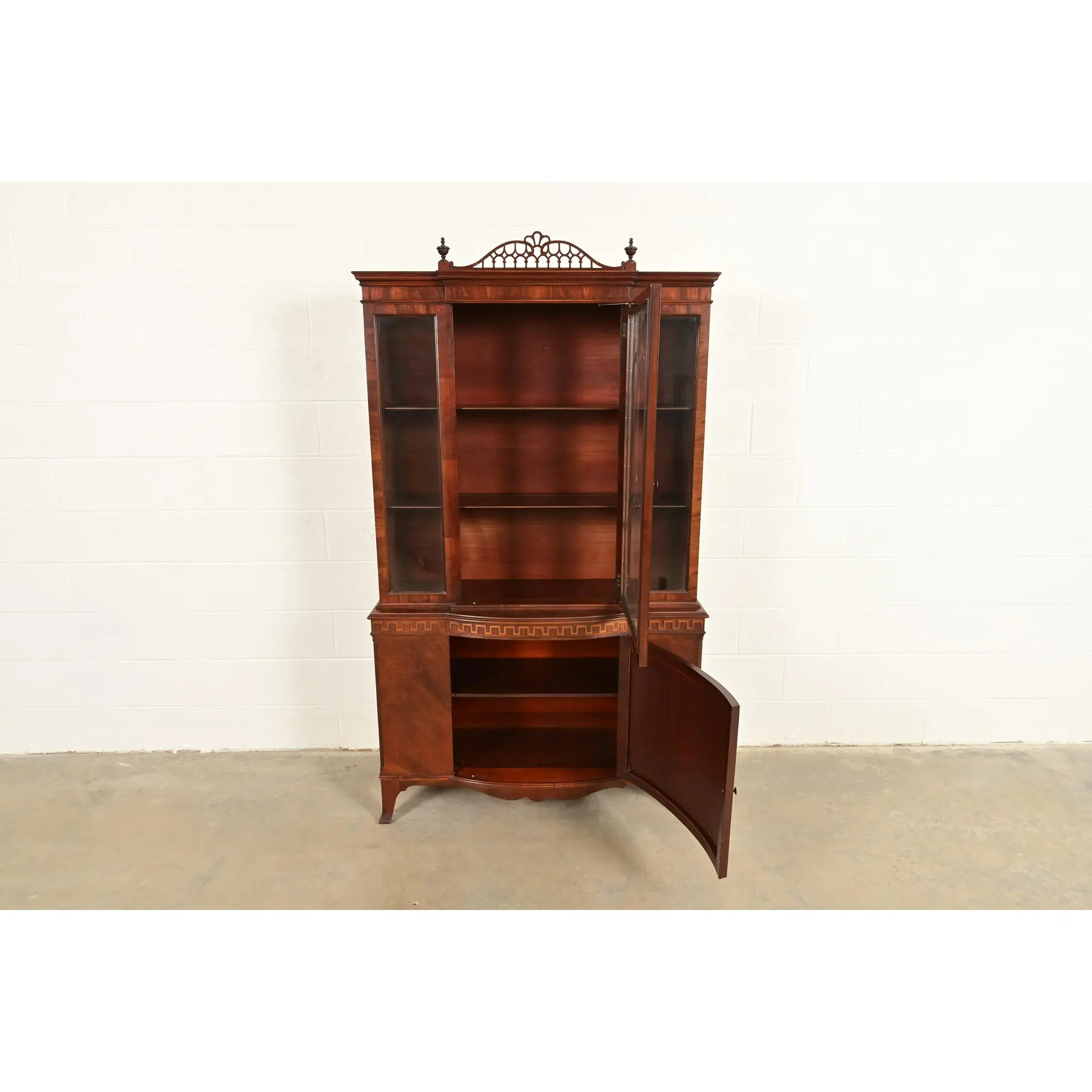 Romweber Antique Georgian Flame Mahogany Breakfront Bookcase Cabinet, Circa 1920s - Image 5