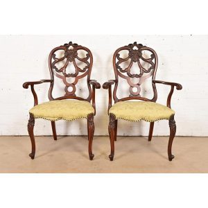 Romweber Antique French Provincial Louis XV Carved Walnut Armchairs, Pair