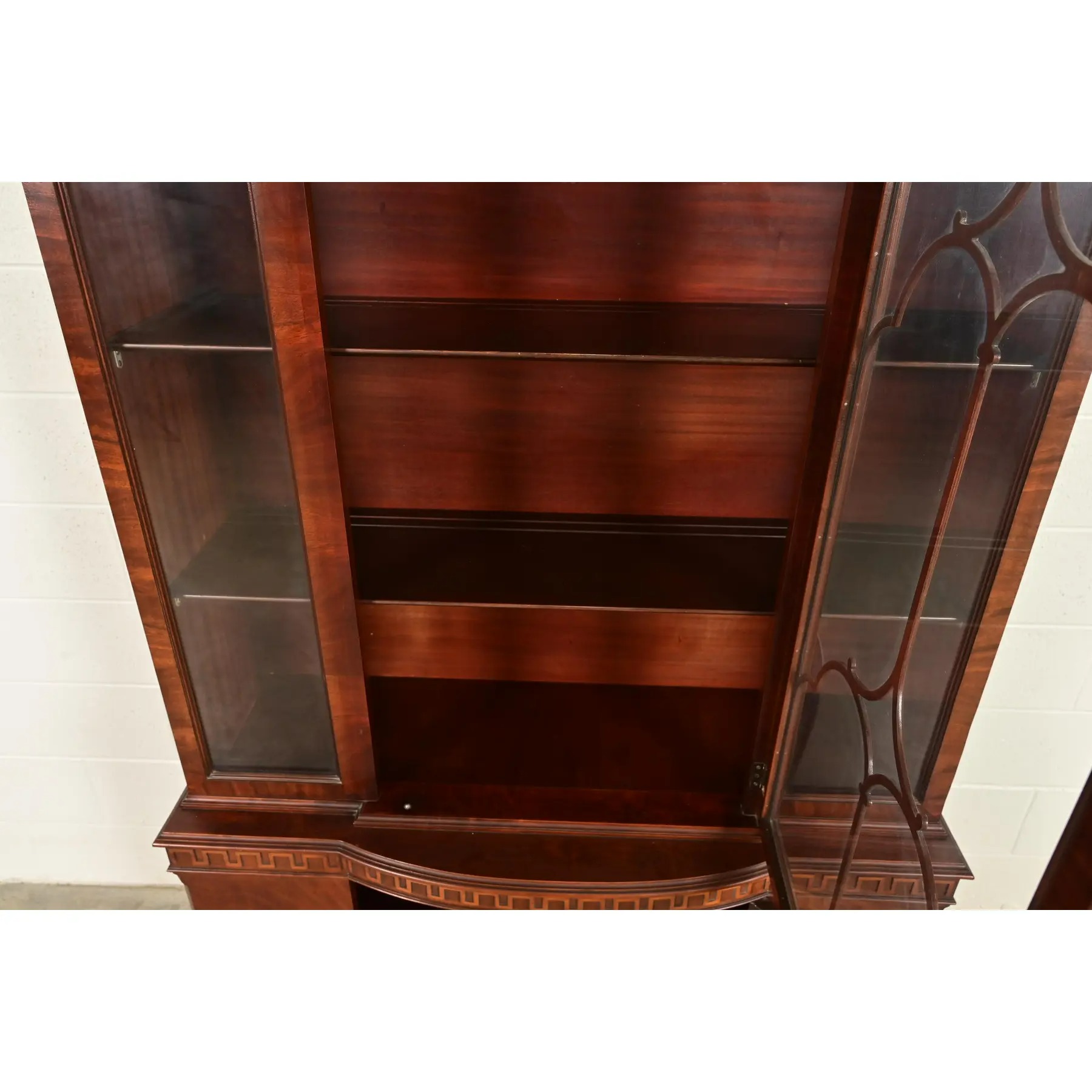 Romweber Antique Georgian Flame Mahogany Breakfront Bookcase Cabinet, Circa 1920s - Image 8