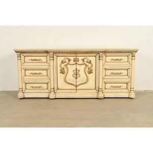 Romweber Hollywood Regency French Rococo Cream Lacquered Parcel Gilt Nine-Drawer Dresser, Circa 1960s