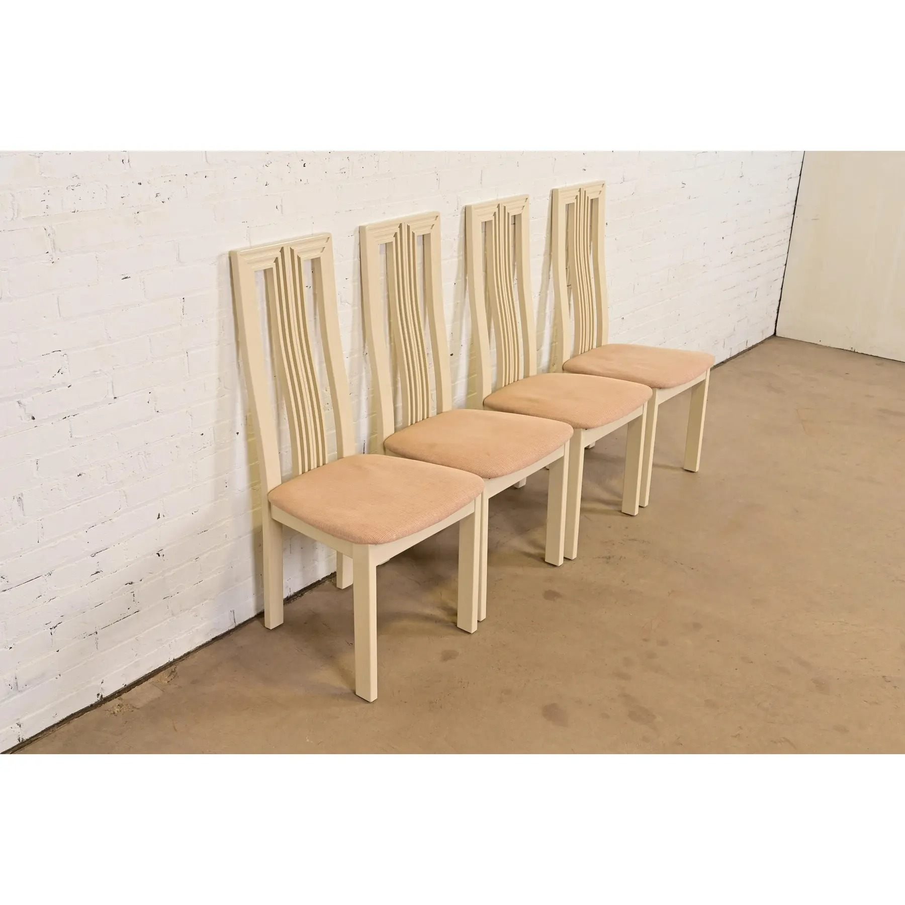 Italian Modern Cream Lacquered High Back Dining Chairs, Set of Four - Image 4