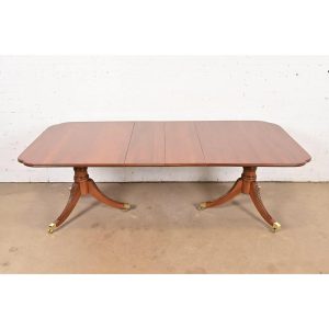 Henkel Harris Style Georgian Solid Cherry Wood Double Pedestal Extension Dining Table, Newly Refinished