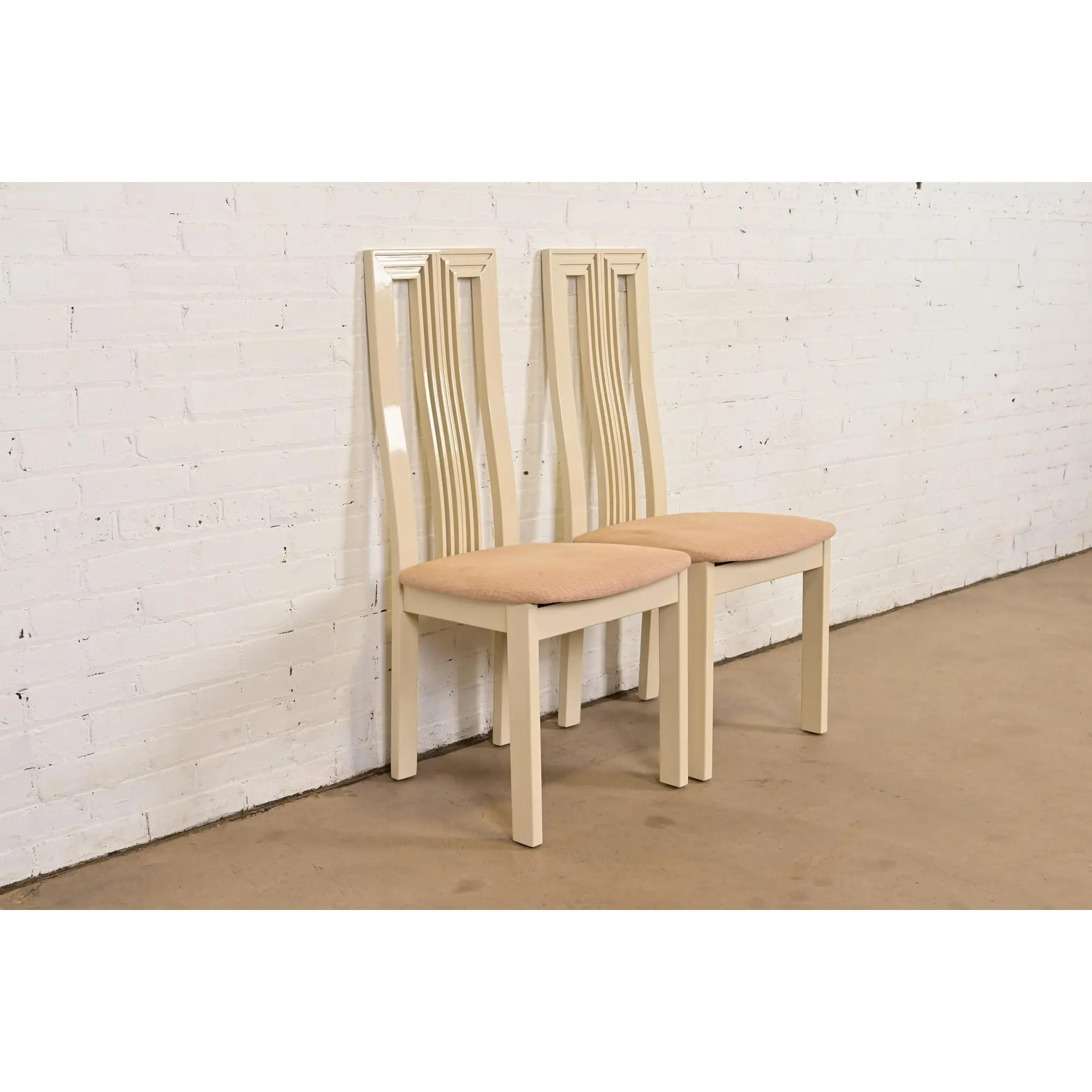 Italian Modern Cream Lacquered High Back Side Chairs or Dining Chairs, Pair - Image 3