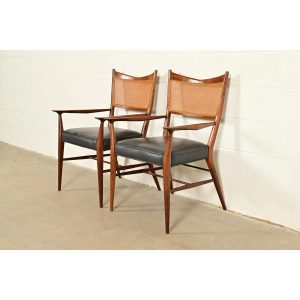Paul McCobb for Directional Mid-Century Modern Sculpted Walnut Cane Back Armchairs, Pair