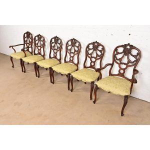 Romweber Antique French Provincial Louis XV Carved Walnut Dining Chairs, Set of Six
